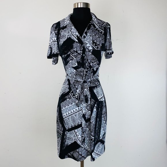 En Focus Studio Black White Patchwork Belted Collared Dress 6 - Picture 1 of 5